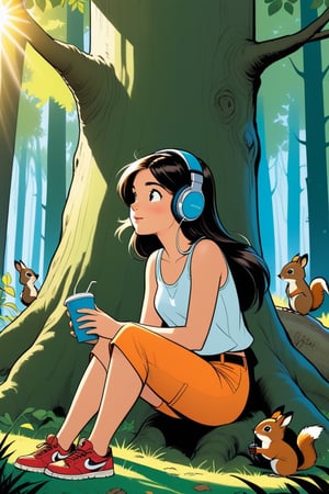 Girl is listening to music on headphones, 18 year old cute girl, sitting under a big tree in the forest, drinks are being placed, sunlight is shining through the trees, forest animals are hiding, squirrel and small birds are also gathering, modern comic book illustration, graphic illustration, comic art, graphic novel art, vibrant, highly detailed, in the style of lanfeust of troy, art by Didier Tarquin