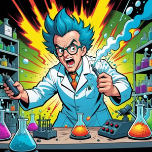 cartoonish style, a mad scientist making explosive experiences in a laboratory, highly detailed, well rendered, (caricature:0.8), comic book, vibrant