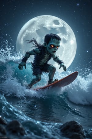 a cute monster Frankenstein surfing a wave, Halloween, creepy, spooky, by night, big moon, stars, 2.5d, Midjourney_Whisper