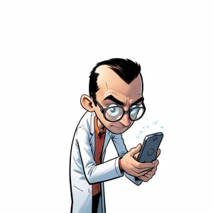 A scientist is playing on his smartphone, handling a smartphone, modern comic book illustration, graphic illustration, comic art, graphic novel art, vibrant, highly detailed, in the style of lanfeust of troy, art by Didier Tarquin