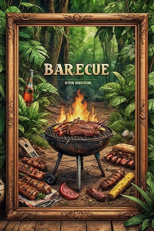bbq party flyer barbecue flyer,poster of barbecue party,jungle,forest,jungle frame,(frame made of green plants:1.3),add text "BARBECUE" and "Jungle Party",(RAW photo,best quality,realistic,photo-Realistic,bright and intense:1.3)(HDR,high contrast,vibrant color:1.4),masterpiece,beautiful and aesthetic,cinematic lighting,exquisite details and textures,ultra realistic,siena natural ratio,ultra hd,vivid colors,highly detailed,UHD drawing,perfect composition,beautiful detailed,intricate insanely,Comic Book-Style 2d