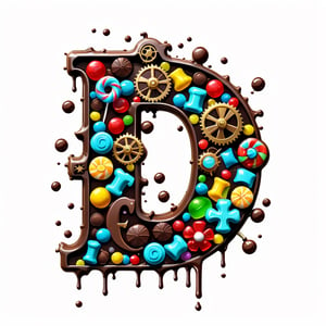 Steampunk chocolate letter, candies, lollipops, gummy bears, chocolate river, chocolate dripping, DESIGN FOR T-SHIRT PRINTING, cartoons, 3D MODEL, concept, disney pixar style