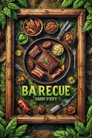 bbq party flyer barbecue flyer,poster of barbecue party,jungle,forest,jungle frame,(frame made of green plants:1.3),(RAW photo,best quality,realistic,photo-Realistic,bright and intense:1.3)(HDR,high contrast,vibrant color:1.4),masterpiece,beautiful and aesthetic,cinematic lighting,exquisite details and textures,ultra realistic,siena natural ratio,ultra hd,vivid colors,highly detailed,UHD drawing,perfect composition,beautiful detailed,intricate insanely,Comic Book-Style 2d