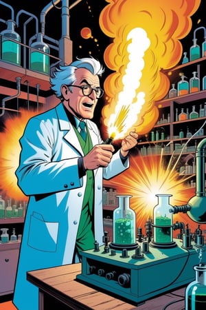 an old mad scientist making explosive experiences in a laboratory, modern comic book illustration, graphic illustration, comic art, graphic novel art, vibrant, highly detailed, in the style of lanfeust of troy, art by Didier Tarquin