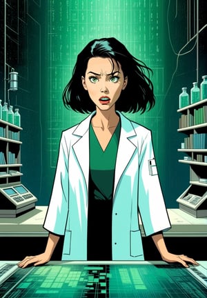 score_9, score_8_up, score_7_up, comicbook, Matrix movie scene, a beautiful scientist is afraid,Comic Book-Style 2d