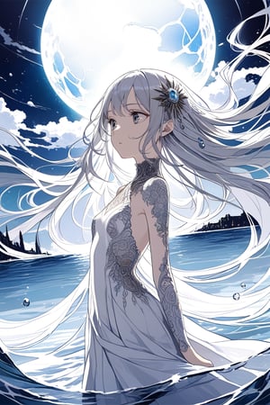 ((masterpiece)), ((best quality)), ((illustration)), extremely detailed,style girl, long shot, small breast,light grey very_long_hair, scifi hair ornaments, beautiful detailed deep eyes, beautiful detailed sky, beautifuldetailed water, cinematic lighting