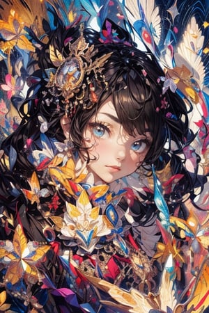 A dark-haired woman wearing intricate and ornate decorations. Brightly colored shining eyes. Beautiful face. Detailed drawing. Vivid colors. High image quality. (tilt shift,F/8),  (masterpiece:1.3),  super fine illustration,  perfect anatomy,  ultra quality,  ultla highres,  32k,  intricate detailed,  aura effect from whole body ,