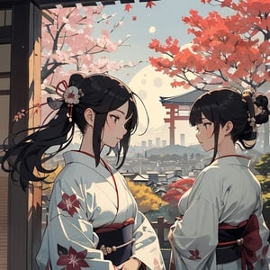 Japanese style,(Amidst Japan's enchanting autumn scenery), where crimson leaves paint a stunning backdrop, young women dressed in exquisite kimonos can be seen joyfully participating in moon-viewing activities against the backdrop of Kyoto's picturesque cityscape.
(super fine illustration:1.4),perfect anatomy,(masterpiece,ultra quality,ultla highres,32k,intricate detailed),{{{masterpiece}}}, {{{best quality}}}, {{ultra-detailed}}, {illustration}, {{an extremely delicate and beautiful}},
