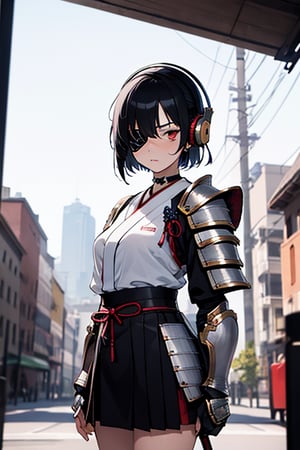 Samurai A girl with black hair, two-tone hair, short haircut, red eyes, (eyepatch), piercings, expressionless face, (wearing large headphones), choker, (heavy Samurai_armor), a miniskirt, (standing facing forward), in front of a deserted ruin.cowboy_shot, (view straight on), very fine 8KCG wallpapers, very fine 8K CG wallpaper, very precise detailed