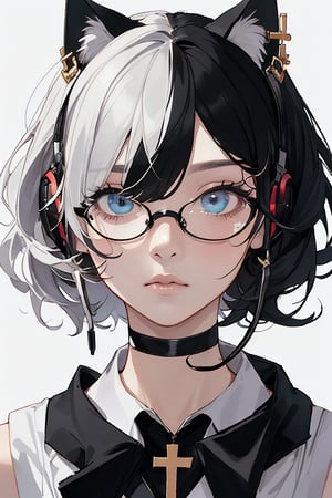 ((portrait:1.4)),short hair,asymmetrical bangs, hair over one eye, (white_hair black_hair twotone_hair:1.4), :/, (intricate detailed eyes), blue eyes, Super-detailed and realistic eyeglasses, pale skin, cross, (fake cat ear headphone), piercing, choker, black hooded_jacket, detached sleeves, (very short mini skirt),(skinny legs:1.2), (black footwear), thigh-highs, (machine black platform shoes),
super fine illustration,perfect anatomy,(masterpiece,ultra quality,ultla highres,32k,intricate detailed),