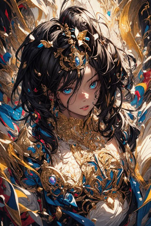 A dark-haired woman wearing intricate and ornate decorations. Brightly colored shining eyes. Beautiful face. Detailed drawing. Vivid colors. High image quality. (tilt shift,F/8),  (masterpiece:1.3),  super fine illustration,  perfect anatomy,  ultra quality,  ultla highres,  32k,  intricate detailed,  aura effect from whole body ,