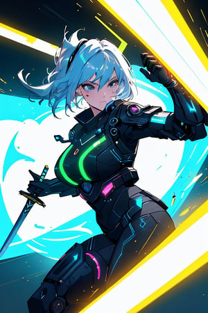 ((slashing huge_Sword)):1.4,(Cyber Punk),(solo girl),neon lighting, (vibrant glow):1.2, dynamic colors, striking contrast, futuristic vibe, electric energy, reflective surfaces,dynamic angle,professional lighting,speed lines,motion blur,yin yang background,super fine illustration,perfect anatomy,(masterpiece,ultra quality,ultla highres,32k,intricate detailed),