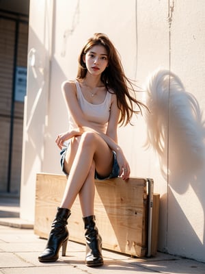 (masterpiece, top quality, best quality, 1girls, Korean, beautiful face, long hair, 19 years old, tank top, shorts, boots, sitting_down, cross legs, chair, (from below), white_wall,