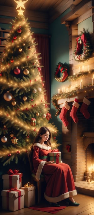 From below, Cinematic professional results, ultrarealistic hyperdetailed, Christmas wonder, beautiful woman decorating a Christmas tree with lights, bokeh, 8kUHD, brunette with long flowy hair,  seated on a Christmas gift,  wearing a red gown ,Christmas Room,Santa Claus