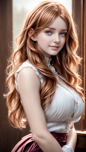 1girl, 18 years old, German girl, waist up portrait, art by Peach Momoko, digital art 8k, art by cameron gray, fantastic face, beautiful look, detailed hair, ultra focus, face illuminated, face detailed, 8k resolution, watercolor, razumov style. art by Razumov and Volegov, art by Carne Griffiths and Wadim Kashin rutkowski repin art station hyperrealism painting concept art of detailed character, 8k resolution blade runner, soft natural lighting, 16 years old, French student model named Marie: smooth soft skin, wearing highschool girl uniform, very huge breast, symmetrical, natural skin texture, soft lighting, showing her shoulders, detailed face, ginger long drill hair, bang, rosy pure skin, v-shaped slim face, rosy cheeks, cute bright smile showing her teeth, photorealism, soft pastel colors sparkling, cowboy shot, half-body shot, looking away, very sexy Mary,Japanese girl