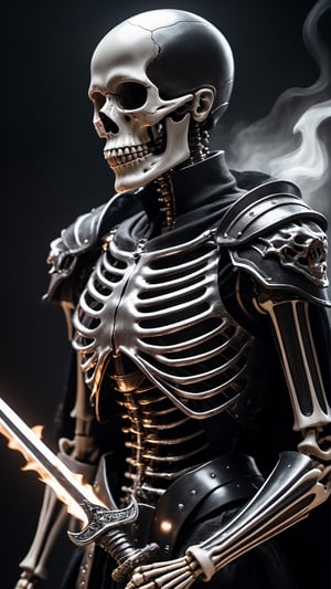 A Skeleton wearing dark warn out Armor holding dark skull sword, using black magic surrounded by Black smoke evil smile burning eyes Gothic Horror Fantasy, cyborg style,6000,cyberpunk style,cyborg