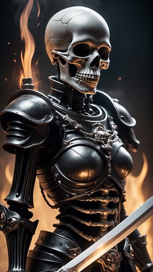 A Skeleton wearing dark warn out Armor holding dark skull sword, using black magic surrounded by Black smoke evil smile burning eyes Gothic Horror Fantasy, cyborg style,6000,cyberpunk style,cyborg