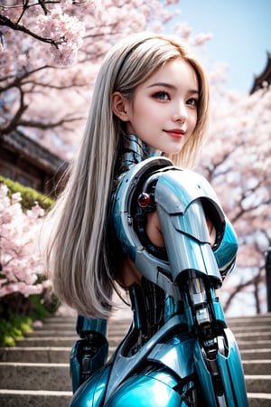 masterpiece, best quality, 1girl, yellow eyes, Beautiful face, delicate eyes, smile, long hair, white hair, tree, stairs, standing, sky, cherry blossoms, temple, looking at viewer, upper body, from below, looking back, ((Mecha)), young girl, Cyberpunk, CyberMechaGirl