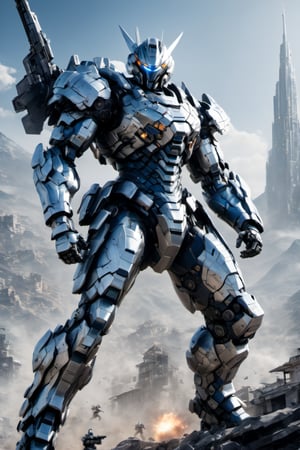 (masterpiece, best quality), soldier, dynamic pose,  ((battle scene)) , silver and dark blue armor, (((machine gun in hand))), on the city, behind the mountains,  armor, Movie Still,mecha,cyborg style,