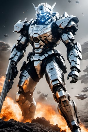(masterpiece, best quality), soldier, dynamic pose, silver armor, (((armor hit, very damage and heavily burned armor))), space scene, space battle, behind space, Movie Still,mecha,cyborg style,Movie Still