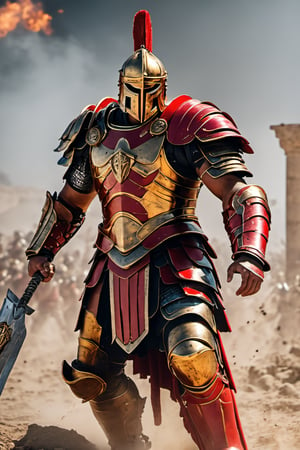(masterpiece, best quality), roman gladiator, red and gold armor, in a battle scene ,Movie Still,mecha,cyborg style