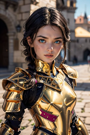 (masterpiece, best quality),(extremely intricate:1.3), (realistic), 1girl, 18 year old, caucasian, green eyes, perfect eyes, perfect iris, perfect pupils, perfect lips,perfect nose, perfect hands, very detailed hands, perfect fingers, black hair, short hair, straight hair, small braid in her hair, (medieval armor), metal reflections, (((gold armor))), outdoors, far away castle, (ornately decorated armor), (insanely detailed, bloom:1.5), chainmail, intense sunlight, professional photograph of a stunning woman detailed, sharp focus,  award winning, cinematic lighting, blurry background, upper body, ((confident)), (Pose:looking at the camera),mecha musume
