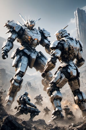 (masterpiece, best quality), two mechanical soldiers fighting each other, dynamic pose,  ((battle scene)) , on the city, behind the mountains,  armor, Movie Still,mecha,cyborg style,