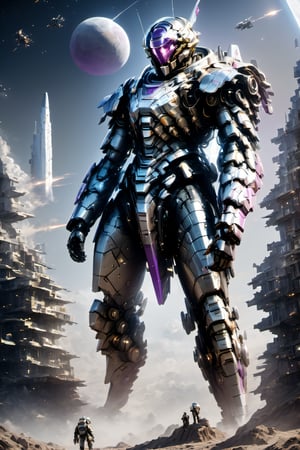 (masterpiece, best quality), roman soldier, ((mecha head)), black and purple armor, on the moon, behind the earth, (((at her feet small futuristic buildings and some very small astronauts))),  armor, Movie Still,mecha,cyborg style