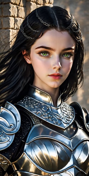 (masterpiece, best quality),(extremely intricate:1.3), (realistic), 1girl, 18 year old, caucasian, green eyes, perfect eyes, perfect iris, perfect pupils, perfect lips,perfect nose, perfect hands, very detailed hands, perfect fingers, black hair, short hair, straight hair, small braid in her hair, (medieval armor), metal reflections, (((silver armor))), outdoors, far away castle, (ornately decorated armor), (insanely detailed, bloom:1.5), chainmail, intense sunlight, professional photograph of a stunning woman detailed, sharp focus,  award winning, cinematic lighting, blurry background, upper body, ((confident)), (Pose:looking at the camera),