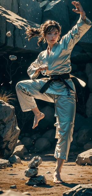 (4k), (masterpiece), (best quality),(extremely intricate), (realistic), (sharp focus), (award winning), (cinematic lighting), 1girl (((goddess, rocks around her, rocks in the air, rocks thrown up from the ground, martial art defensive pose))),