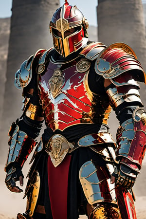 (masterpiece, best quality), roman gladiator, red ed gold armor ,Movie Still,mecha,cyborg style