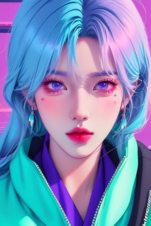 2023 style attractive and glowing super detailed lofi pastel kpop girl, very detailed and well designed expressive eyes, realistic anime, lofi vaporwave anime city landscape, synthwave, futuristic vibes, vaporwave colour, anime, modern style, 2023 style, simple --niji