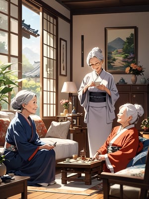 ((old woman)), (grandmother:1.3), (elder:1.4), ((slender)), ((wrinkled skin:1.1)), (gentle nature), black eyes, white hair, medium hair, hair bun, (bent waist:1.2), (short stature), (70 years old), kimono, Midday in the living room of a home on a day off. Family and friends gather, engaging in conversation and games in a relaxing space filled with smile, smile politely,, (illustration style:1.1), (masterpiece), highres, (extremely detailed and beautiful background), ((Ultra-precise depiction)), ((Ultra-detailed depiction)), (professional lighting), (professional illustration),