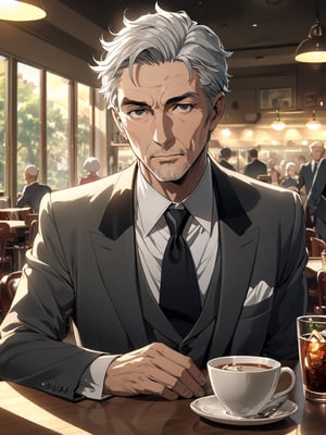(male focus:1.8), ((man:1.8)), (black eyes), ((crisp eyes)), (grey hair), ((very short hair:1.6)), ((gentleman)), 55 years old, Fine suit, black necktie, A cafeteria with a nice retro atmosphere, (anime style), ((illustration style)), novel illustration, (masterpiece), highres, (extremely detailed and beautiful background), ((Ultra-precise depiction)), ((Ultra-detailed depiction)), (professional lighting), 