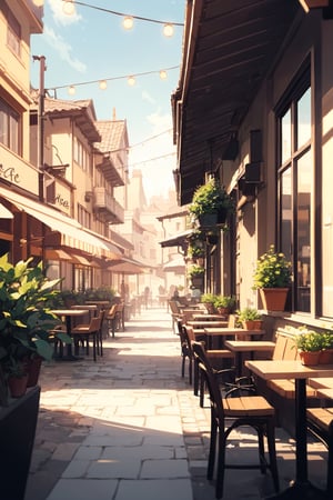 ((extremely detailed 8k illustration)), highres, (extremely detailed and beautiful background), ultra detailed painting, professional illustrasion, Ultra-precise depiction, Ultra-detailed depiction, (beautiful and aesthetic:1.2), HDR, (depth of field:1.4), beautiful detailed, (intricate:1.2), 
envision a cafe terrace situated on a city corner. Illustrate a tranquil café exterior with tables, chairs, adorned with flowers and green potted plants. create an illustration focusing on the café ambiance and the building's exterior, 