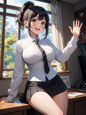 (young girl), (teenage), ((kawaii)), (highly detailed beautiful face and eyes, big breasts, firm breasts), oily skin, ((black hair)), ((black eyes)), (((short ponytail hair))), thin pubic hair, cute lovely, (cheerful disposition), smile, open mouth, waving, long sleeve, ((white)) mandarin collar shirt, ((black necktie)), ((black pleated skirt)), bike shorts under skirt, loafers, white socks, (masterpiece), 8k, (extremely detailed and beautiful background), ((Ultra-precise depiction)), ((Ultra-detailed depiction)), (professional lighting)