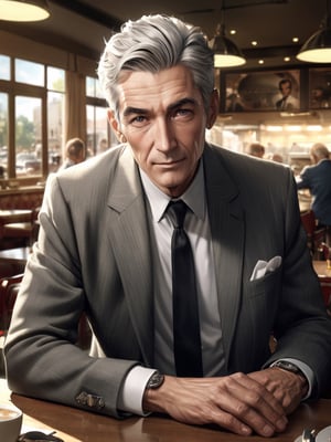 (male focus:1.8), ((man:1.8)), (black eyes), ((crisp eyes)), (grey hair), ((very short hair:1.6)), ((gentleman)), 55 years old, Fine suit, black necktie, A cafeteria with a nice retro atmosphere, (photo realistic style),  (masterpiece), highres, (extremely detailed and beautiful background), ((Ultra-precise depiction)), ((Ultra-detailed depiction)), (professional lighting), 