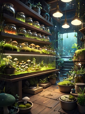 Dimly lit basement. Many plants, fungi, and mosses are placed in pots and glass jars on shelves on the walls. They are glistening and alive with life. The plants and fungi purify the polluted soil and earth., ((masterpiece:1.1)), 8k, (extremely detailed and beautiful background), ((Ultra-precise depiction)), ((Ultra-detailed depiction)), (professional illustrasion:1.1), (professional lighting)