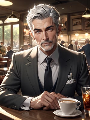 (male focus:1.8), ((man:1.8)), (black eyes), ((crisp eyes)), (grey hair), ((very short hair:1.6)), ((gentleman)), 55 years old, Fine suit, black necktie, A cafeteria with a nice retro atmosphere, (masterpiece), highres, (extremely detailed and beautiful background), ((Ultra-precise depiction)), ((Ultra-detailed depiction)), (professional lighting), 
