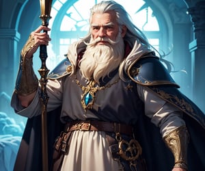 (masterpiece, best quality:1.4), (beautiful, aesthetic, perfect, delicate, intricate:1.2), (fantasy, medieval), old man wizard, long white beard, ornate delicate cloak, (warlock wizard armor), (cowboy shot), (dark theme),