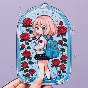 a cute 1girl is wearing a glass backpack filled with roses in the water with sequins and giggles, cold colors, simple background, cutestickers, (sticker:1.4), art, (big fat stroke:1.2), cute comic, minimalistic, ohwx style
