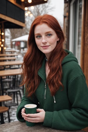 Photorealistic analog portrait of a 25-year-old redhair Irish woman in winter outdoor, sitting in a cafe made of wood paneling, captured outdoors while wearing a green puffy hoodie. The composition adheres to the rule of thirds, featuring dramatic lighting that accentuates her medium hair and detailed face. Noteworthy elements include freckles, a collar or choker, and a subtle smirk. The woman is adorned with a tattoo, adding an extra layer of intricacy. The background, rendered in raw and realistic detail, contributes to the overall atmosphere. The analog approach ensures a genuine and raw quality to the image, emphasizing the woman's unique features within the context of a winter setting. she smile and shy. drink cup of coffee