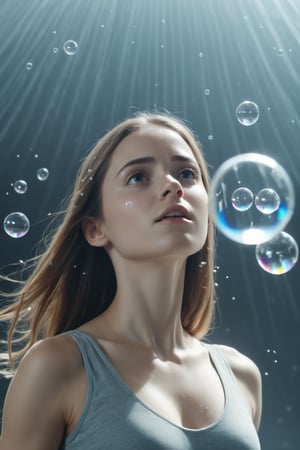 beautiful girl with flying glass (dispersion, refraction, caustics:1.3), man is so strong in background,Movie Still