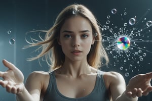 beautiful girl with flying glass (dispersion, refraction, caustics:1.3), man is so strong in background,Movie Still