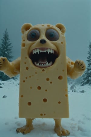 (Kodak:1.1), mutated explosion of scary cheese [cheese: bear: 0.5], looking into the camera, (he scared:1.6), bad weather, godrays, snow and sun, Movie Still,Movie Still,Film Still
