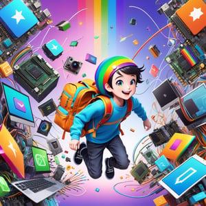 realistic, 1boy jumps into the camera in the center and smiles. a computer, ((a chip)),motherboard, RAM, messenger, icon, wires, artificial intelligence, a rainbow, stickers, a backpack fly next to the boy. adventure time style, 3d cute art, bright children's colors, cover for children, Movie Still,Movie Still,Film Still