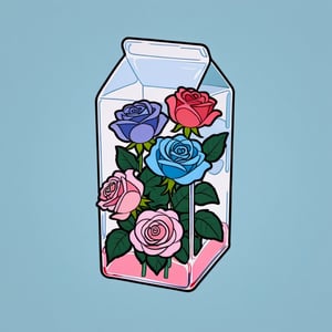 a glass milk carton filled with roses, cold colors, simple background, cutestickers, (sticker:1.4), art, (big fat stroke:1.2), cute comic, minimalistic, ohwx style

