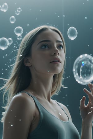 beautiful girl with flying glass (dispersion, refraction, caustics:1.3), man looks at her and he is so strong in background,Movie Still,Film Still