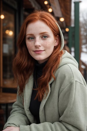 Photorealistic analog portrait of a 25-year-old redhair Irish woman in winter outdoor, sitting in a cafe made of wood paneling, captured outdoors while wearing a green puffy hoodie. The composition adheres to the rule of thirds, featuring dramatic lighting that accentuates her medium hair and detailed face. Noteworthy elements include freckles, a collar or choker, and a subtle smirk. The woman is adorned with a tattoo, adding an extra layer of intricacy. The background, rendered in raw and realistic detail, contributes to the overall atmosphere. The analog approach ensures a genuine and raw quality to the image, emphasizing the woman's unique features within the context of a winter setting. she smile and shy. drink cup of coffee