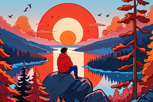 a cute 1guy looks at an epic bright red stylized sunset super detailed, birds, a big red sun, a forest of fir trees, a river, a guy with a very cute 1girl sitting on a rock, with his back to the camera, cold colors, stylized, simple background, cutestickers, (sticker:1.4), art, (big fat stroke:1.2), detailed, ohwx style
